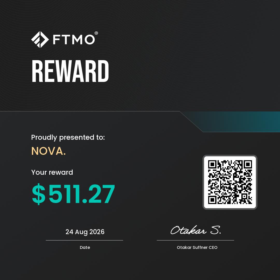 FTMO reward confirmation presented to Nova with a verification QR code